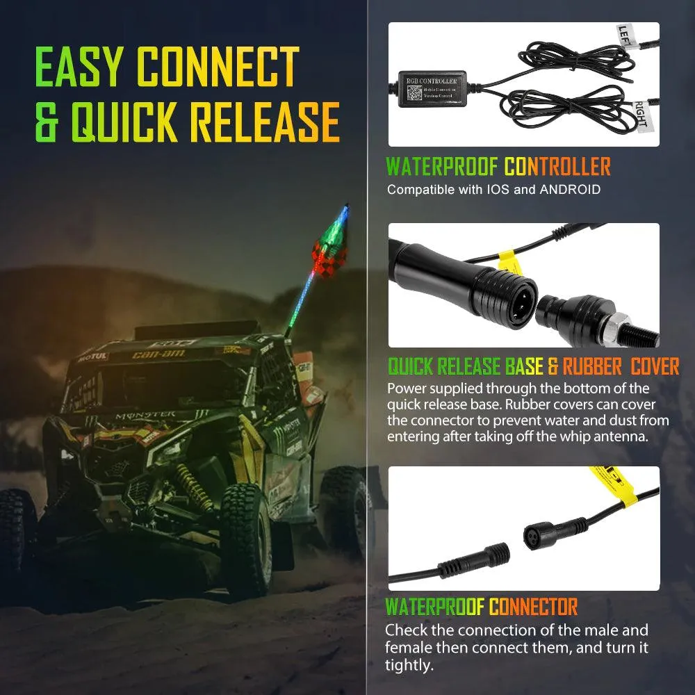 3FT/4FT RGB LED Whip Light Rotating Color Changing Flag Pole with Bluetooth Controlled
