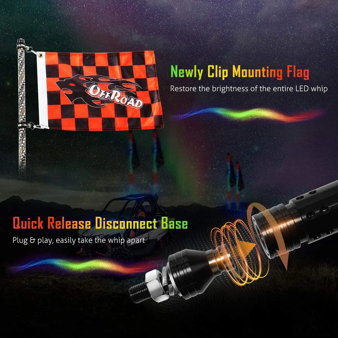 3FT/4FT RGB LED Whip Light Rotating Color Changing Flag Pole with Bluetooth Controlled