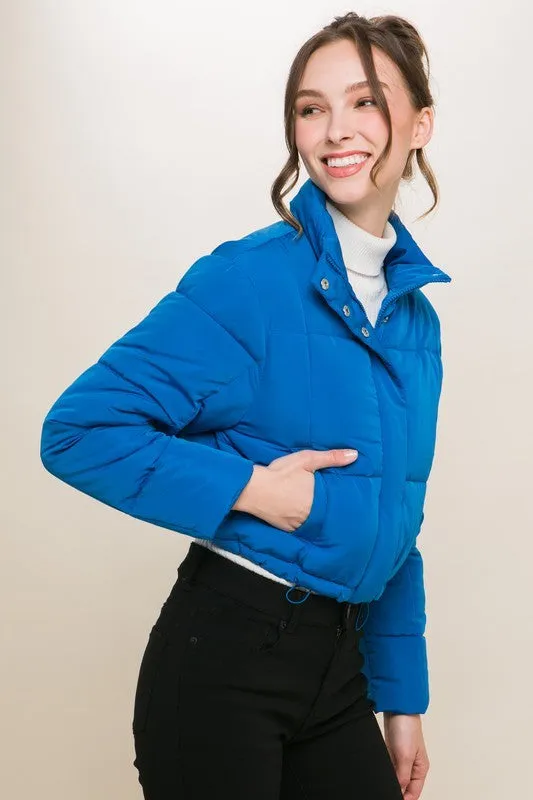 Blue Puffer Jacket with Zipper and Snap Closure