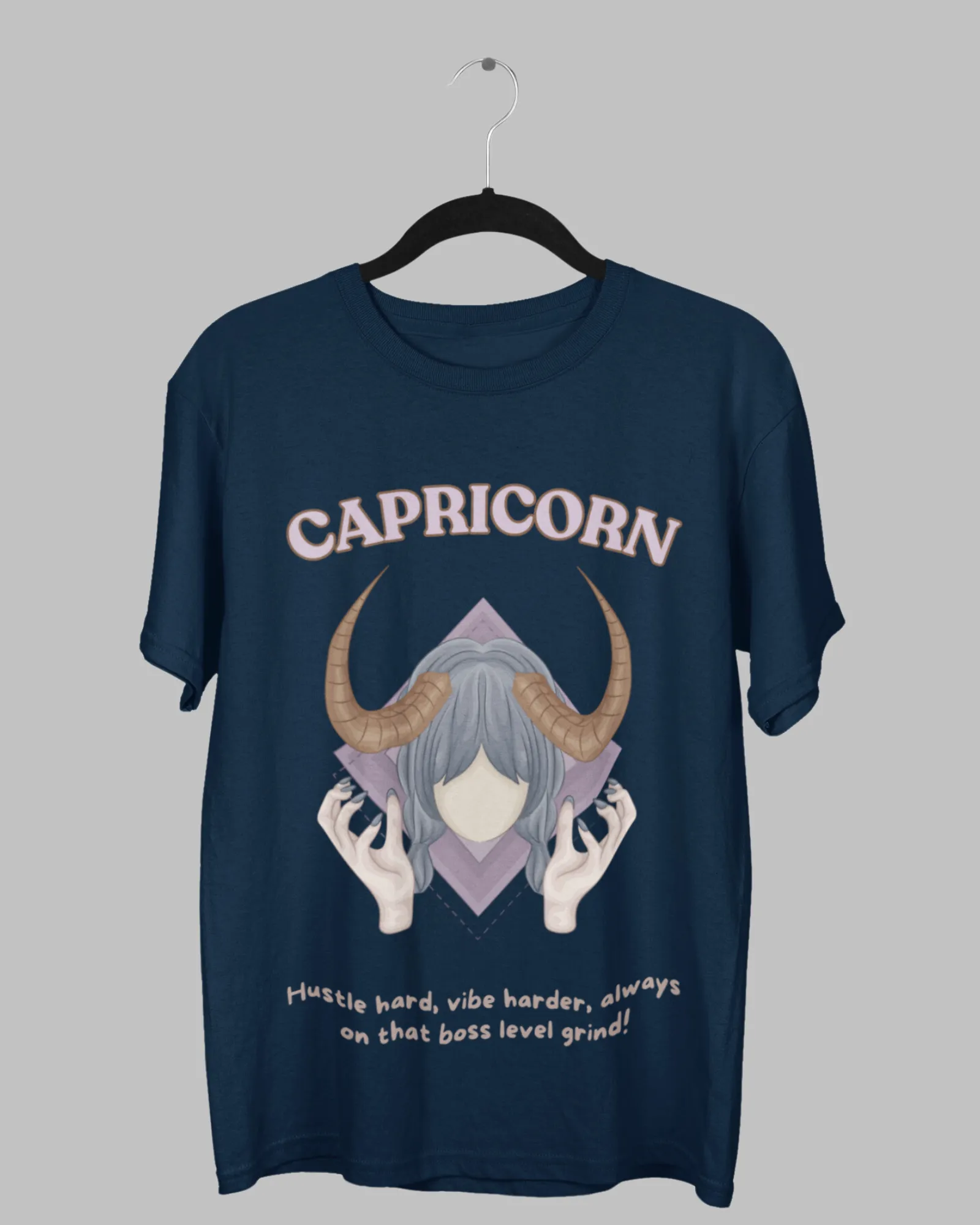 Capricorn Animated Zodiac Printed Oversized T-Shirt for Women - Navy