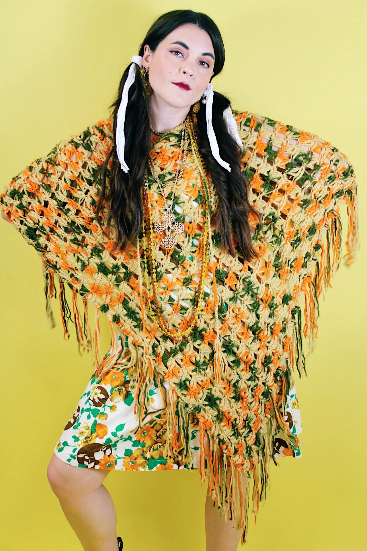 Fringe Trim Knit Poncho