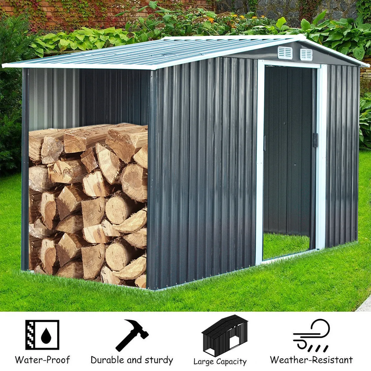 Garden Steel Shed Gable Roof Top with Firewood Storage