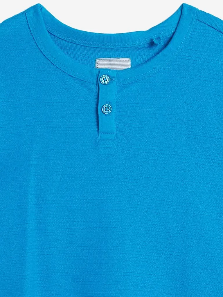 HOP Kids Blue Self-Textured Cotton T-Shirt