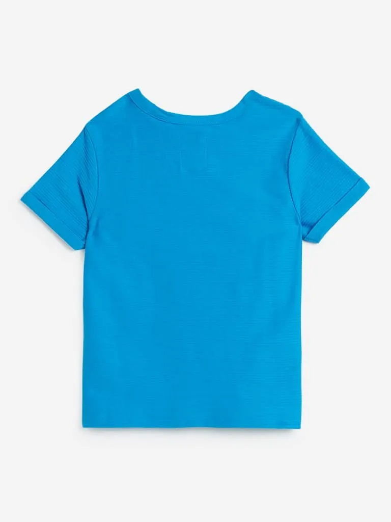HOP Kids Blue Self-Textured Cotton T-Shirt