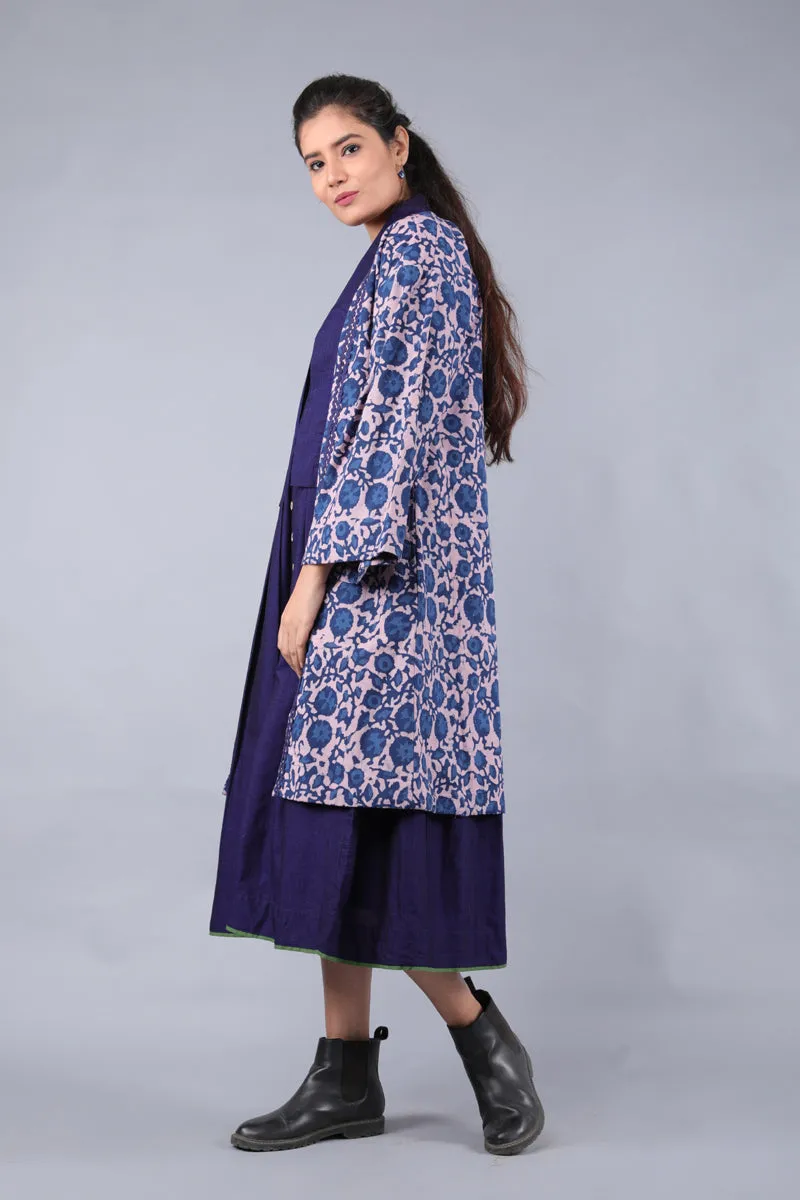 Kimono Jacket & Dress in Midnight blue, Blush Pink, Indigo handwoven cotton and hand block print (Set of 2)