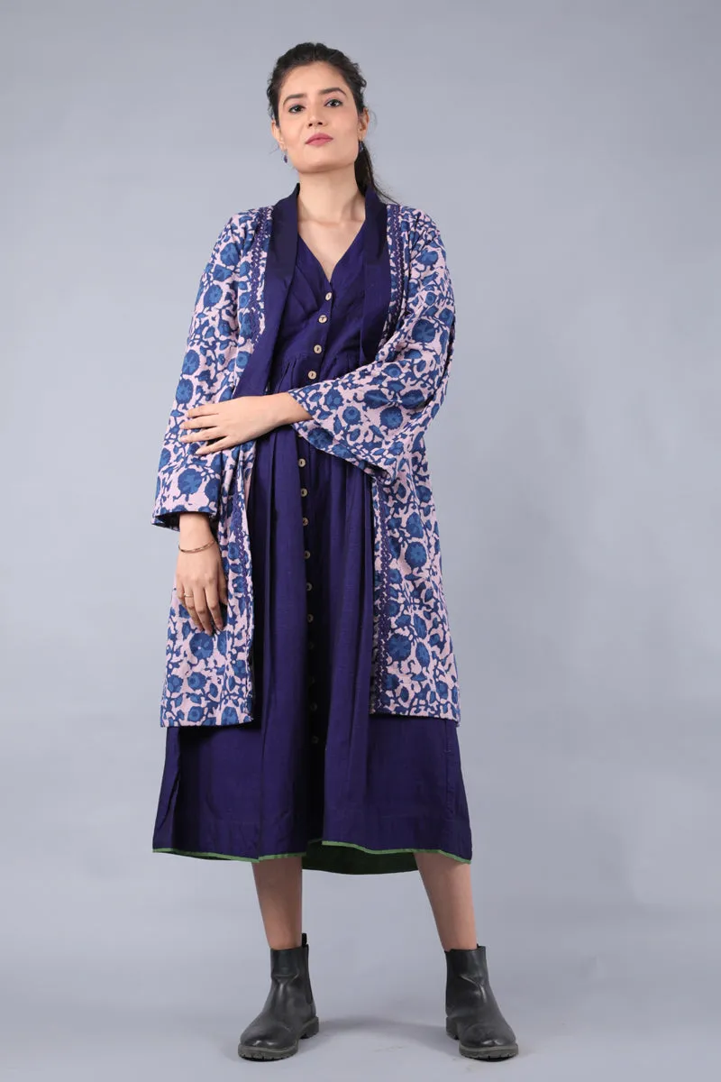 Kimono Jacket & Dress in Midnight blue, Blush Pink, Indigo handwoven cotton and hand block print (Set of 2)
