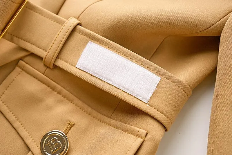 Ladies Solid Color Double Breasted Belted Blazer 0802