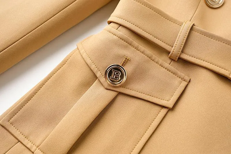 Ladies Solid Color Double Breasted Belted Blazer 0802