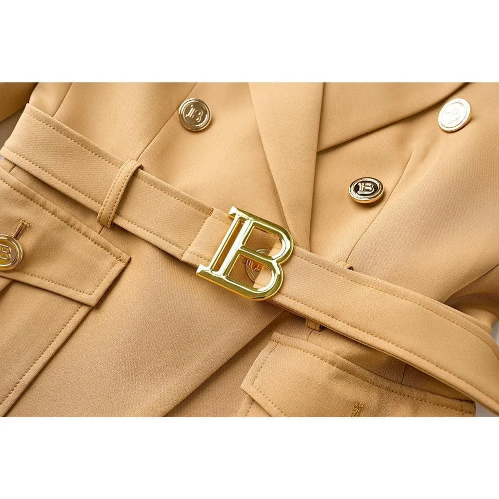 Ladies Solid Color Double Breasted Belted Blazer 0802