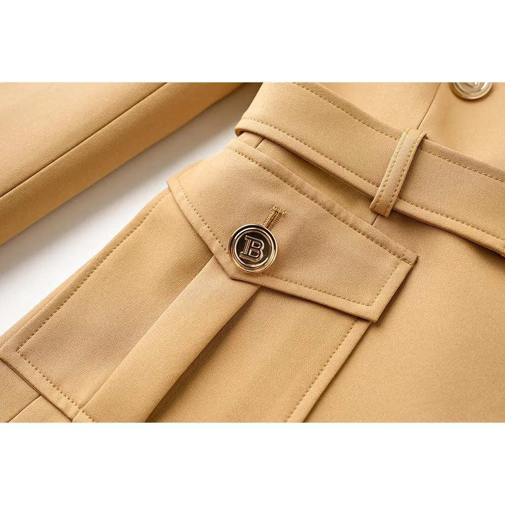 Ladies Solid Color Double Breasted Belted Blazer 0802