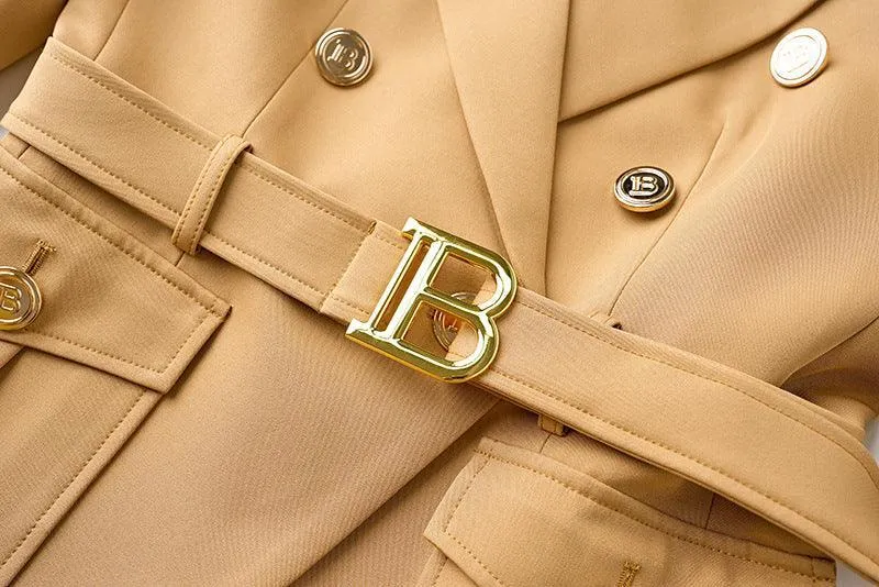 Ladies Solid Color Double Breasted Belted Blazer 0802