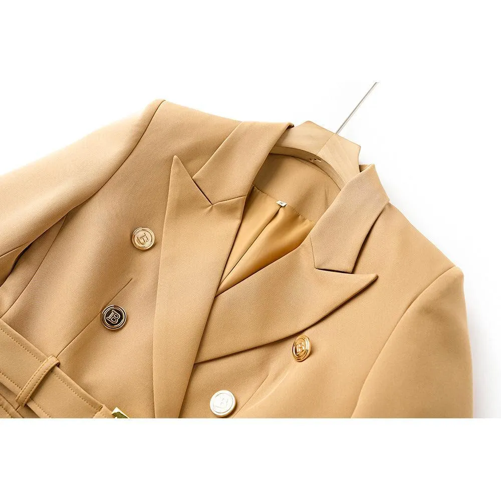 Ladies Solid Color Double Breasted Belted Blazer 0802