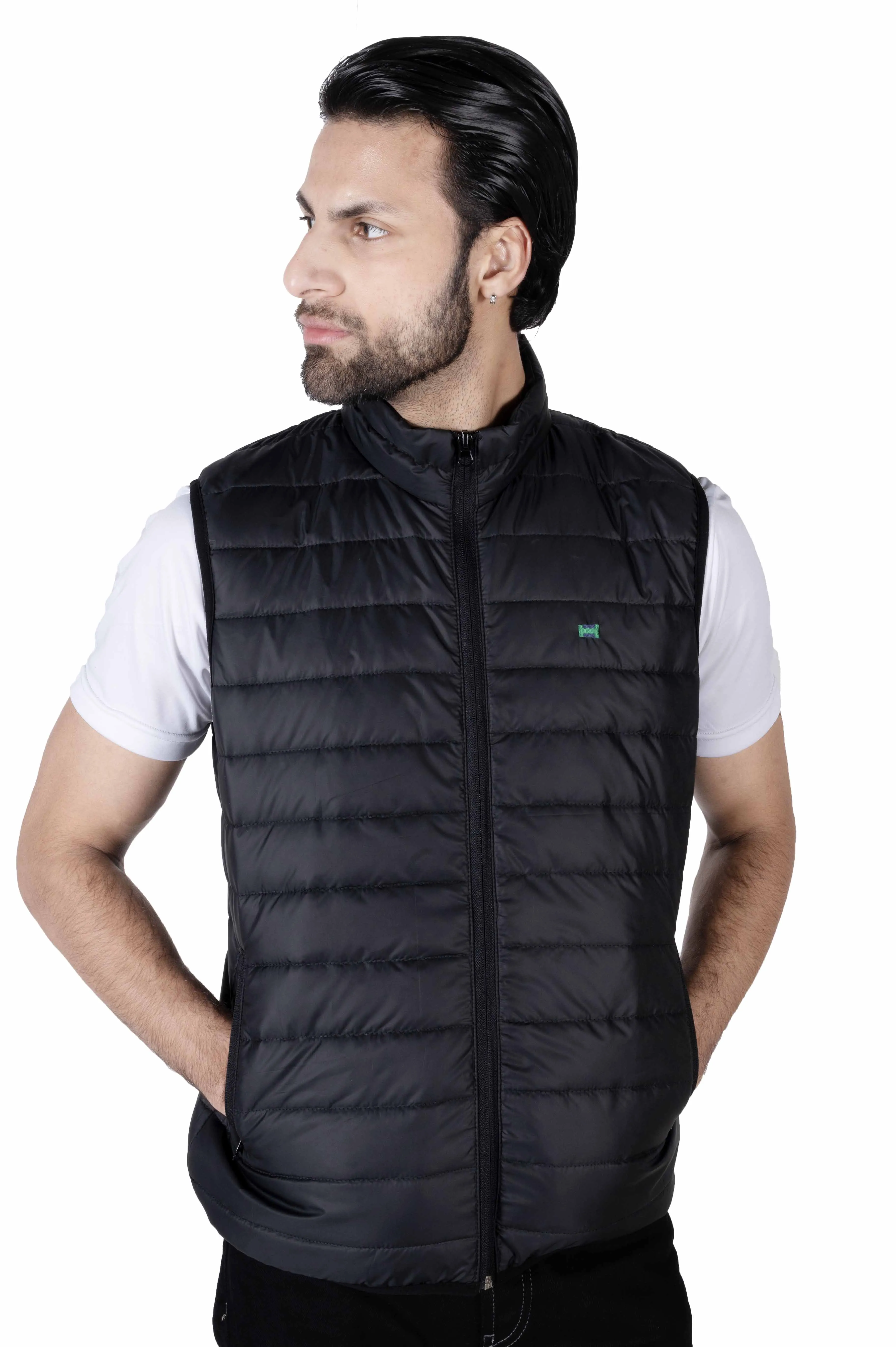 Men Black Quilted Short Body Slim-Fit Gilet Puffer Jacket