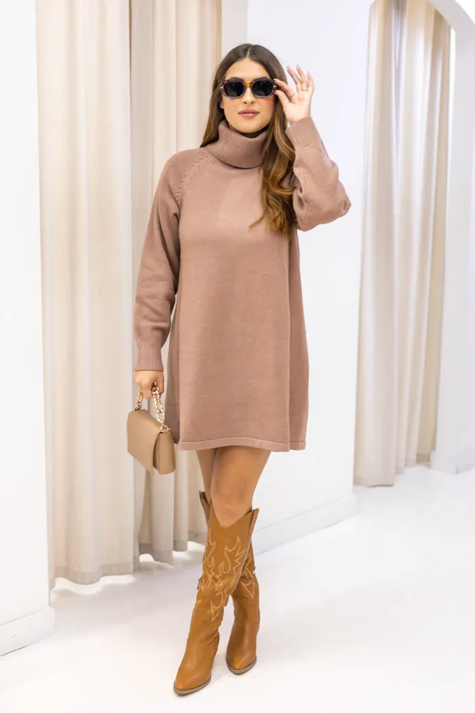 NEW KAYLEE LUXURY KNIT TURTLENECK SWEATER DRESS (LATTE)