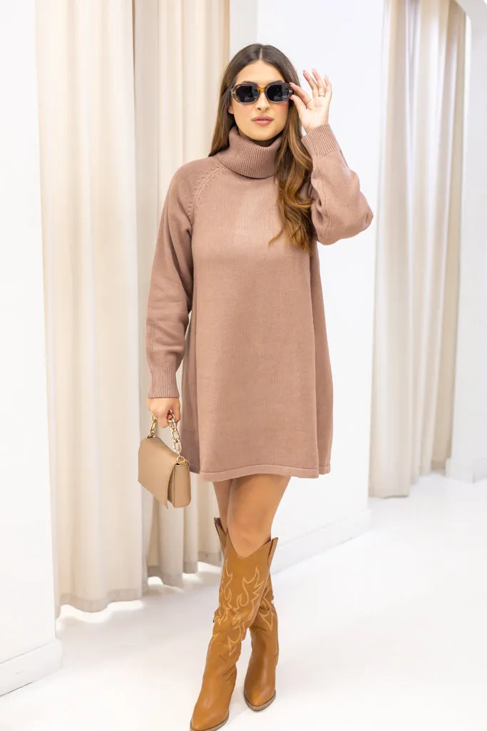 NEW KAYLEE LUXURY KNIT TURTLENECK SWEATER DRESS (LATTE)