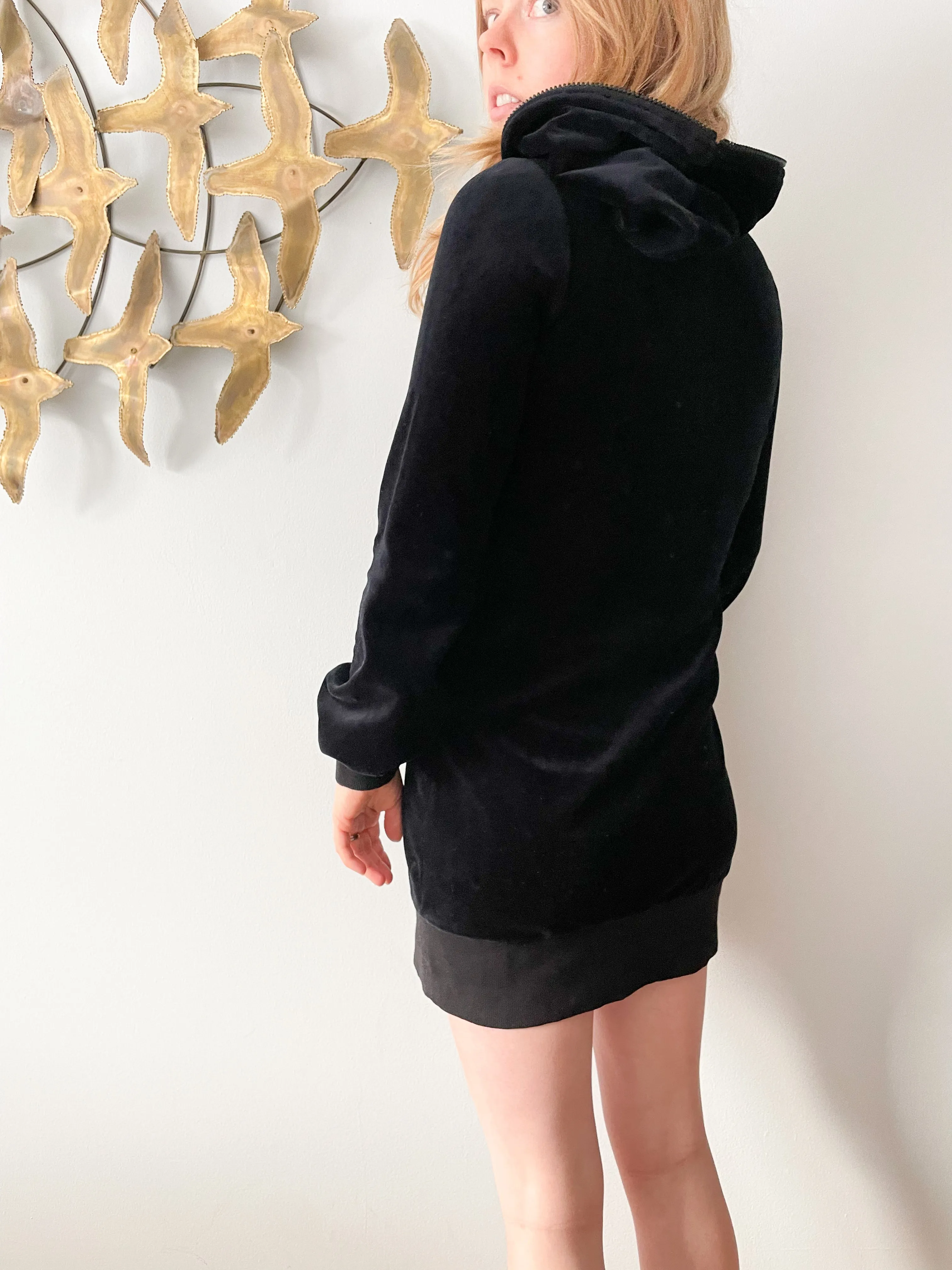 Pony & Riny. B Black Velour Leopard Trim Hooded Sweater Dress - Small