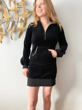 Pony & Riny. B Black Velour Leopard Trim Hooded Sweater Dress - Small