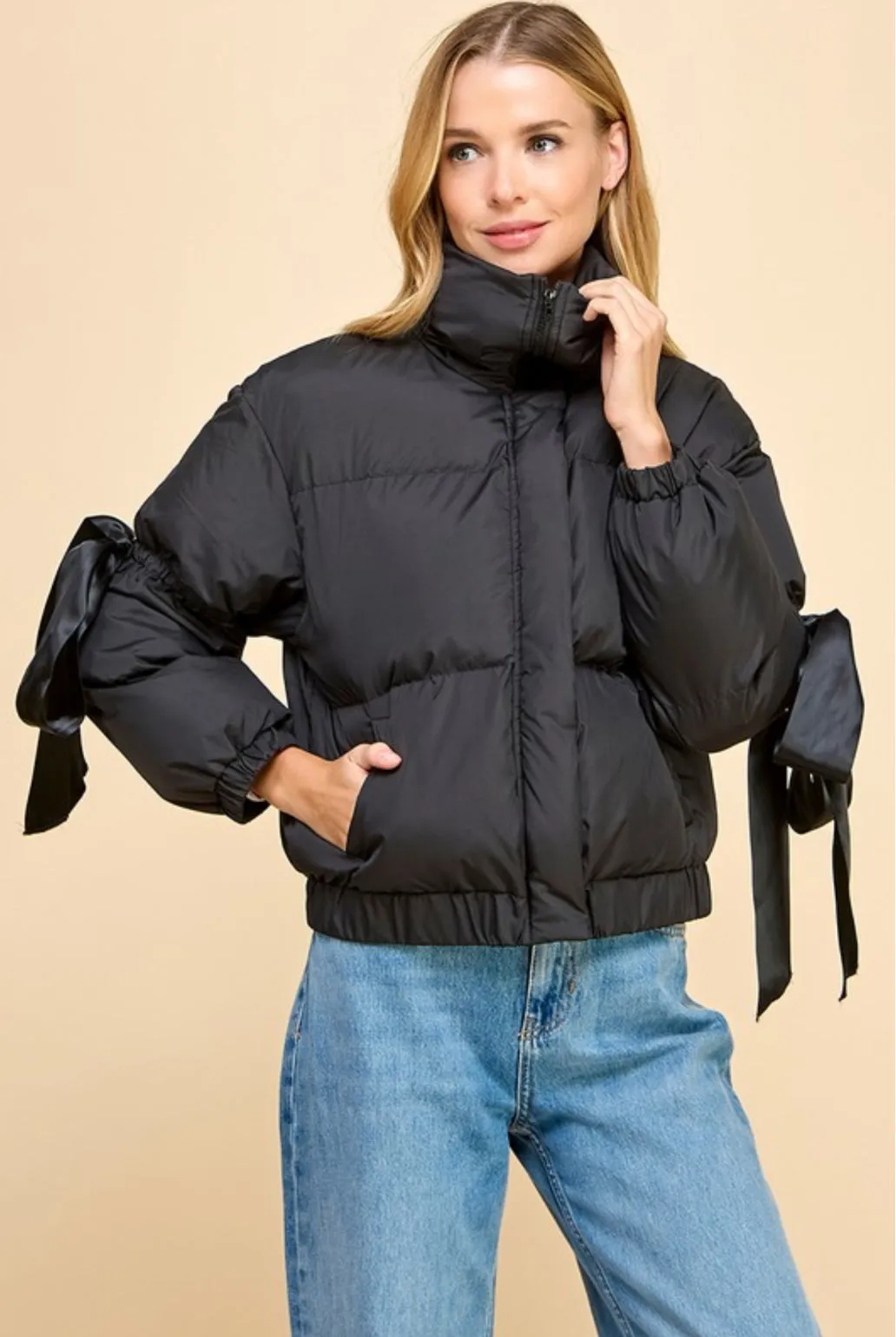 Puffer Jacket With Bow Knot Elbow String