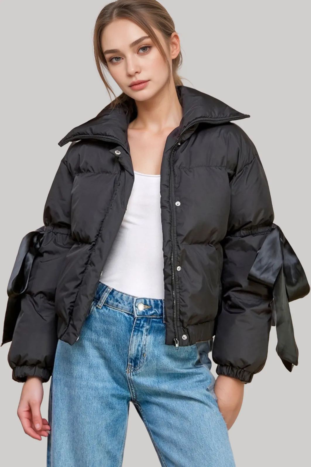 Puffer Jacket With Bow Knot Elbow String