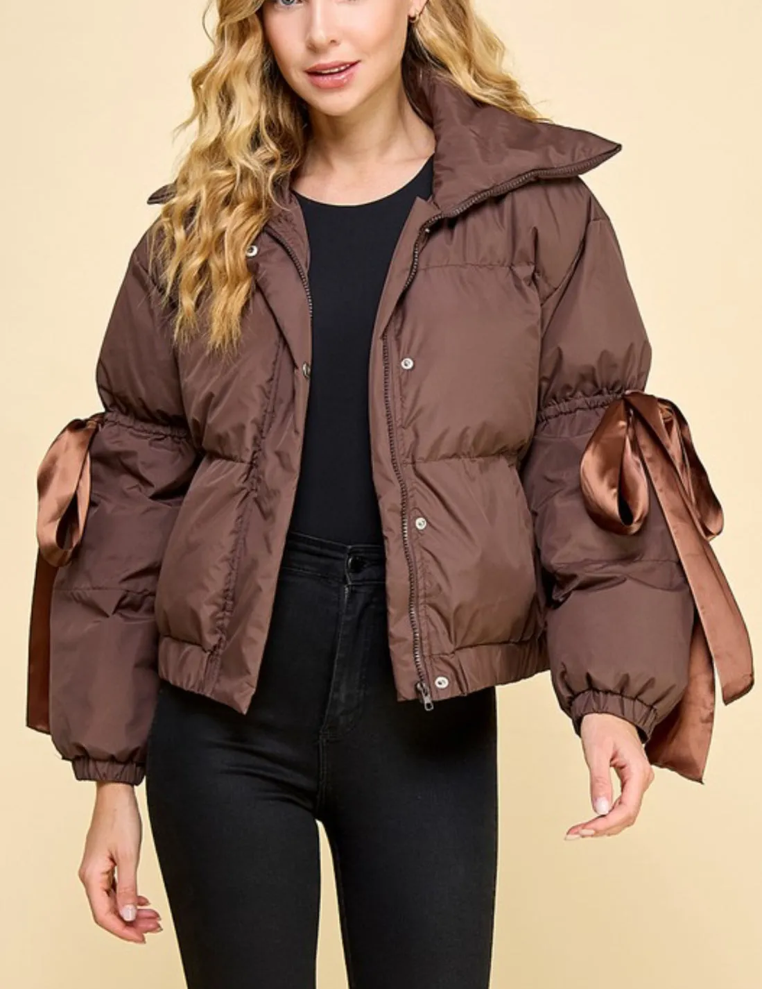 Puffer Jacket With Bow Knot Elbow String