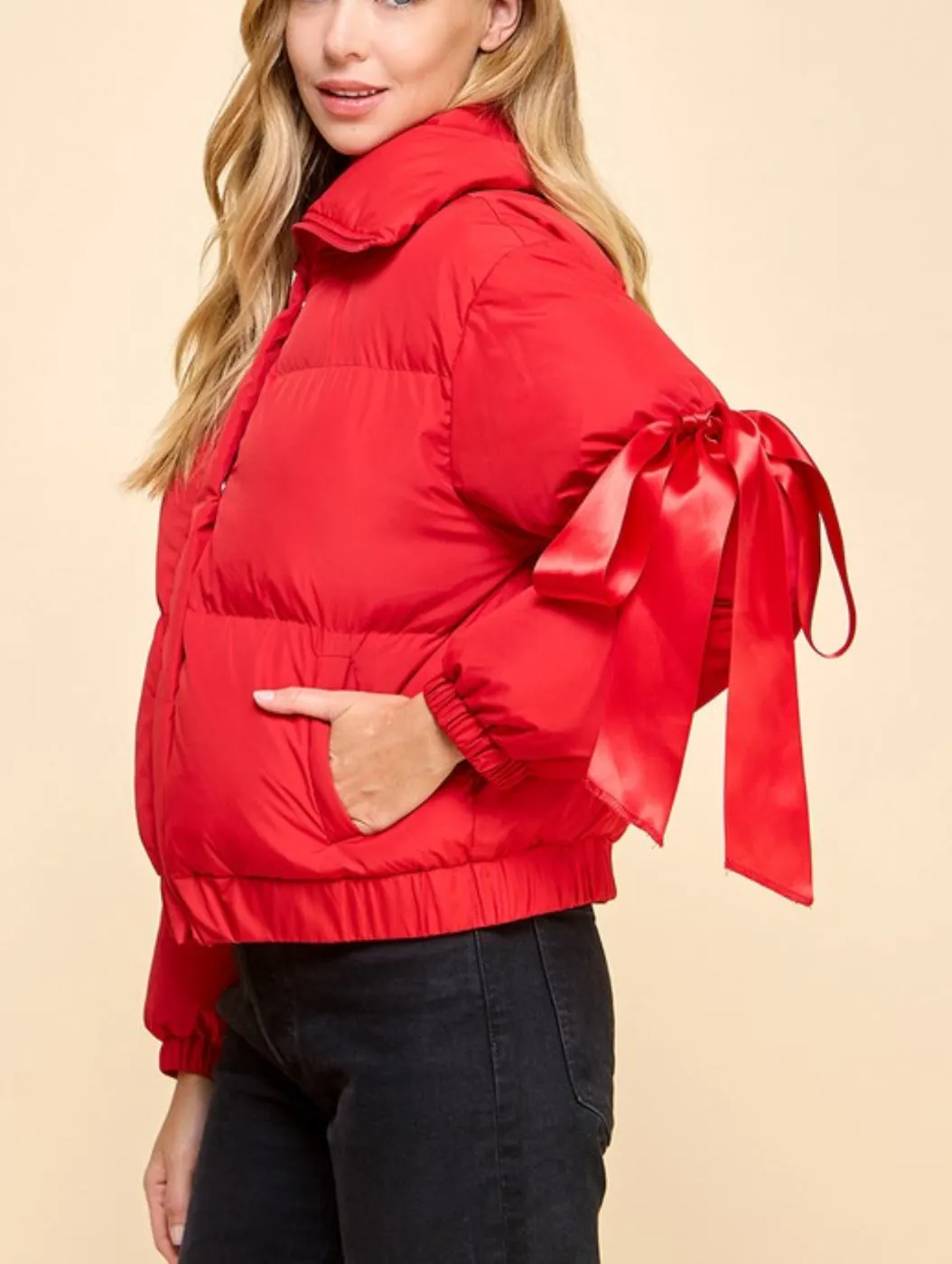 Puffer Jacket With Bow Knot Elbow String