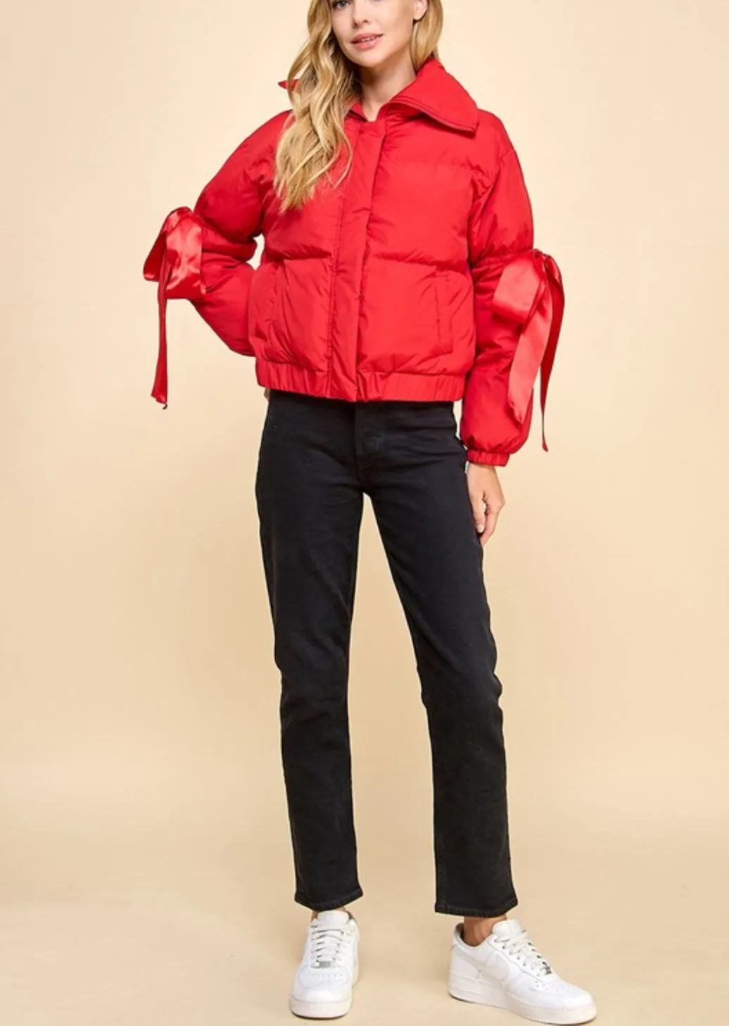 Puffer Jacket With Bow Knot Elbow String