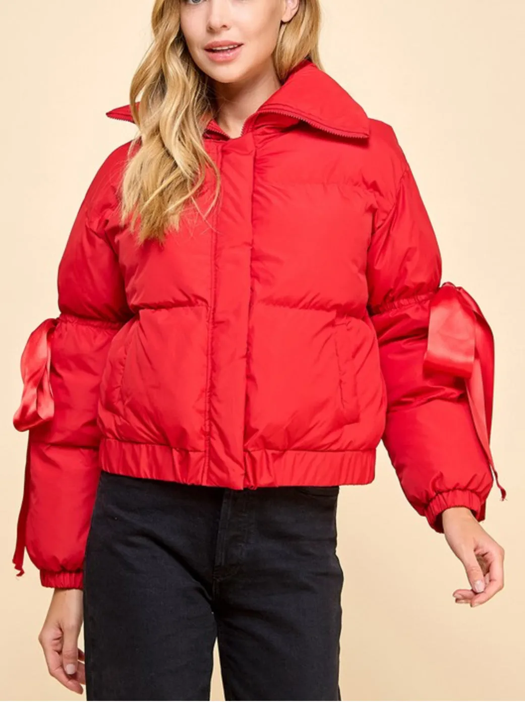 Puffer Jacket With Bow Knot Elbow String