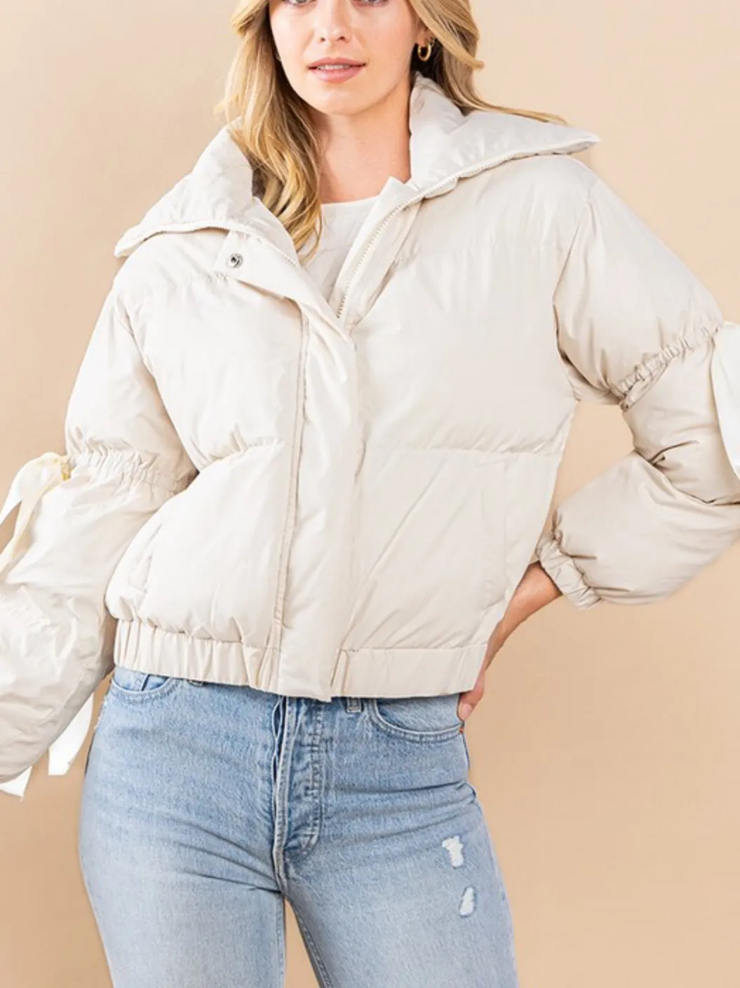 Puffer Jacket With Bow Knot Elbow String