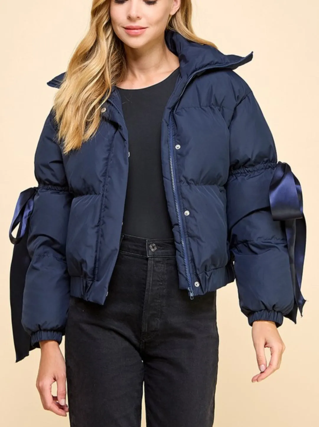 Puffer Jacket With Bow Knot Elbow String