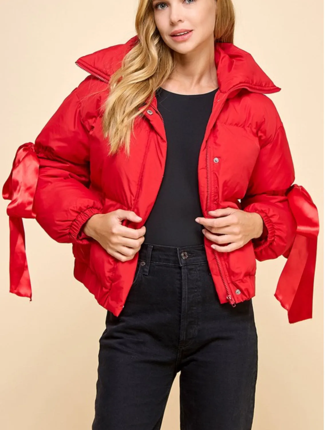 Puffer Jacket With Bow Knot Elbow String