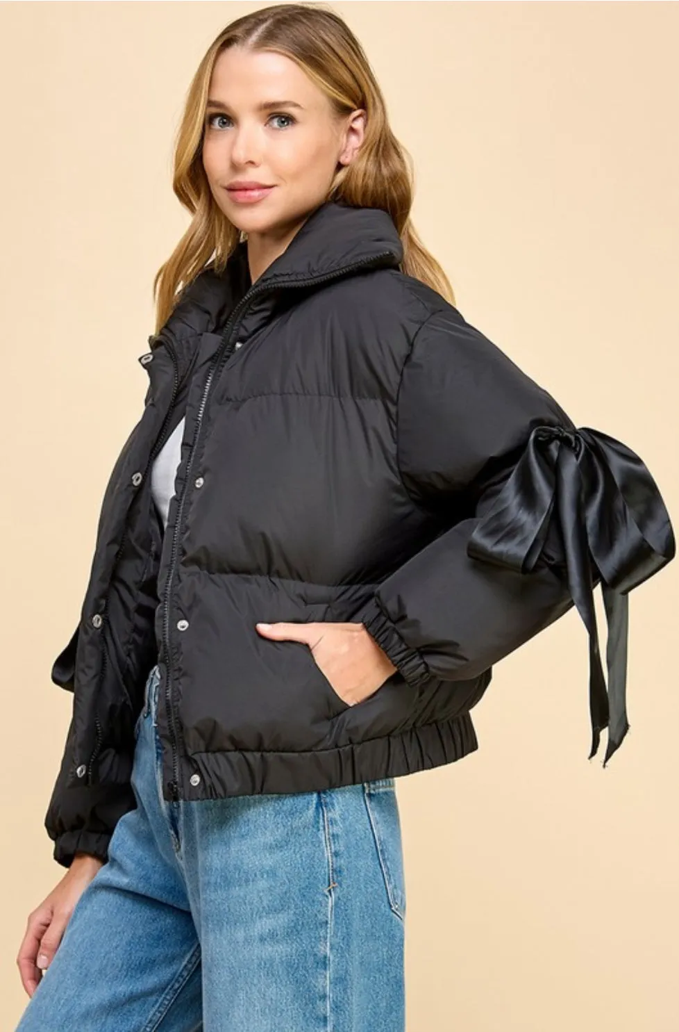 Puffer Jacket With Bow Knot Elbow String
