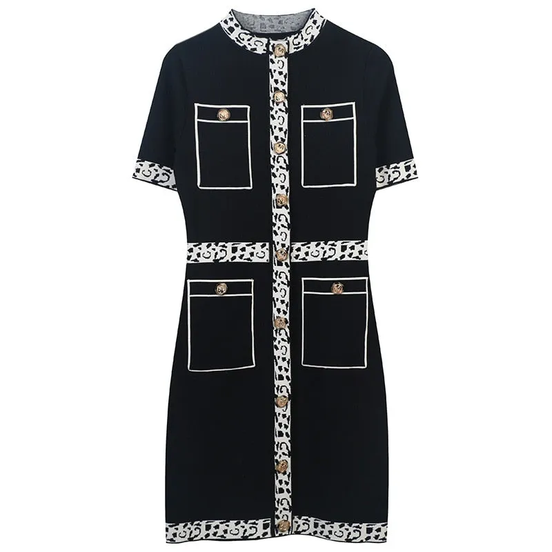 Vintage Leopard Knitted Dresses for Women 2022 Summer Luxury Designer Elegant Short Sleeve Mini Sweater Dress Female