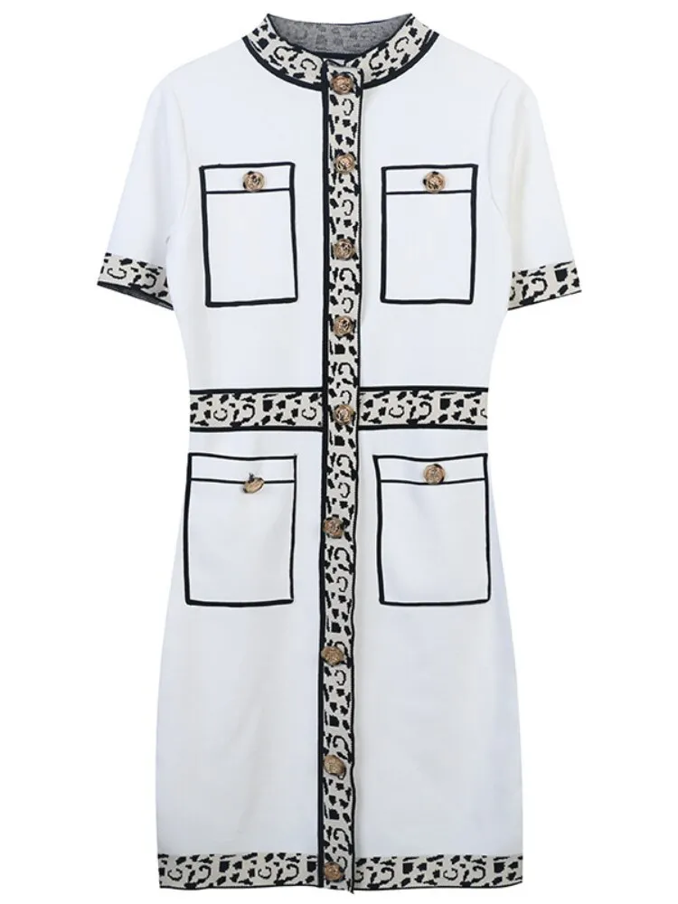 Vintage Leopard Knitted Dresses for Women 2022 Summer Luxury Designer Elegant Short Sleeve Mini Sweater Dress Female