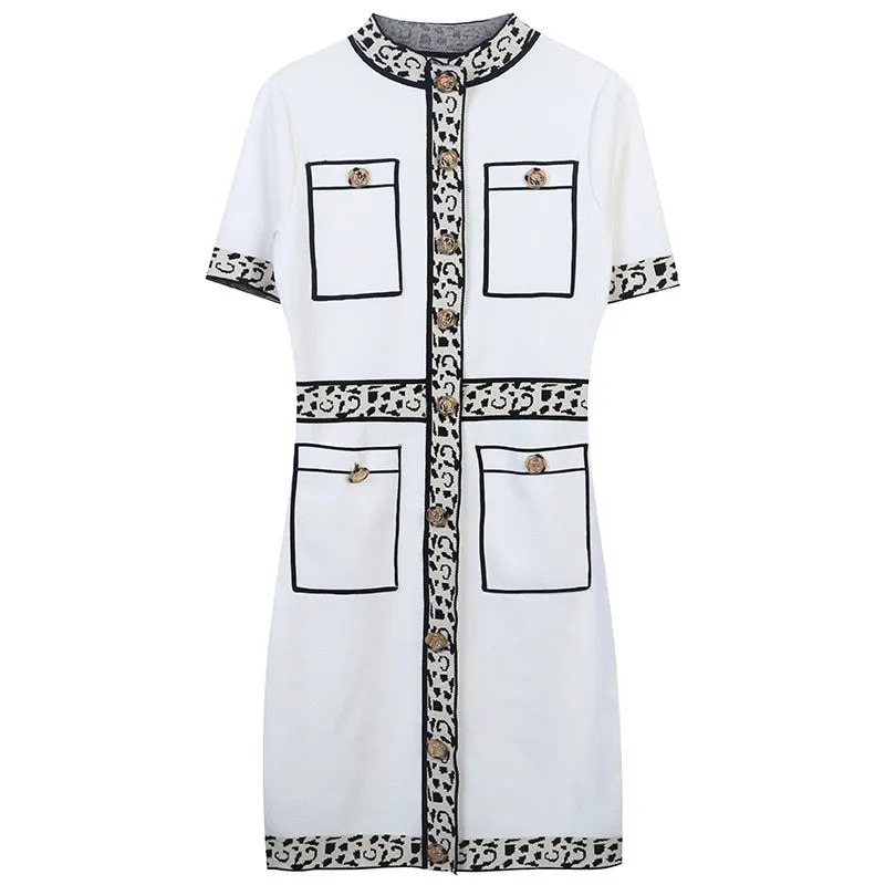 Vintage Leopard Knitted Dresses for Women 2022 Summer Luxury Designer Elegant Short Sleeve Mini Sweater Dress Female