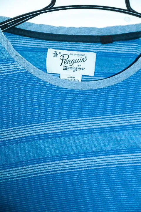 Vintage mens blus stripe Penguin Original short sleeve tees in L|L29 W22|SKU 6563