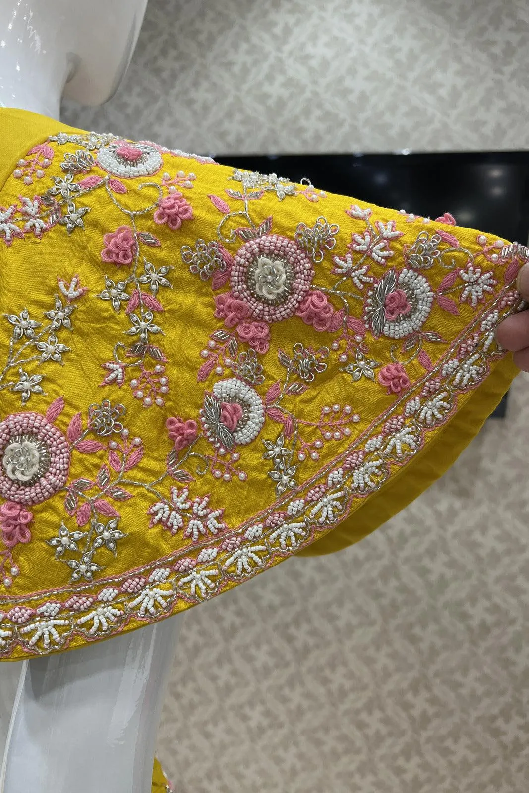 Yellow Thread, Pearl and Beads work Poncho Styled Crop Top Lehenga