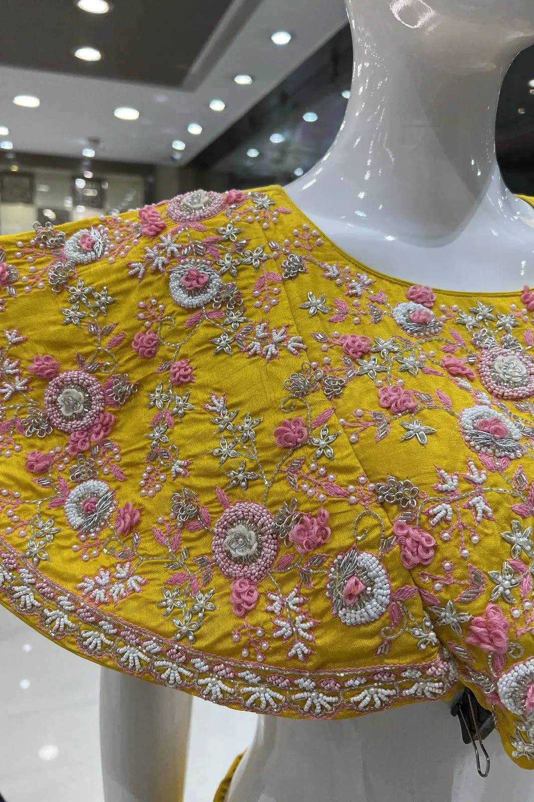 Yellow Thread, Pearl and Beads work Poncho Styled Crop Top Lehenga
