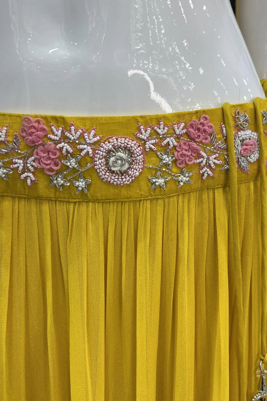 Yellow Thread, Pearl and Beads work Poncho Styled Crop Top Lehenga