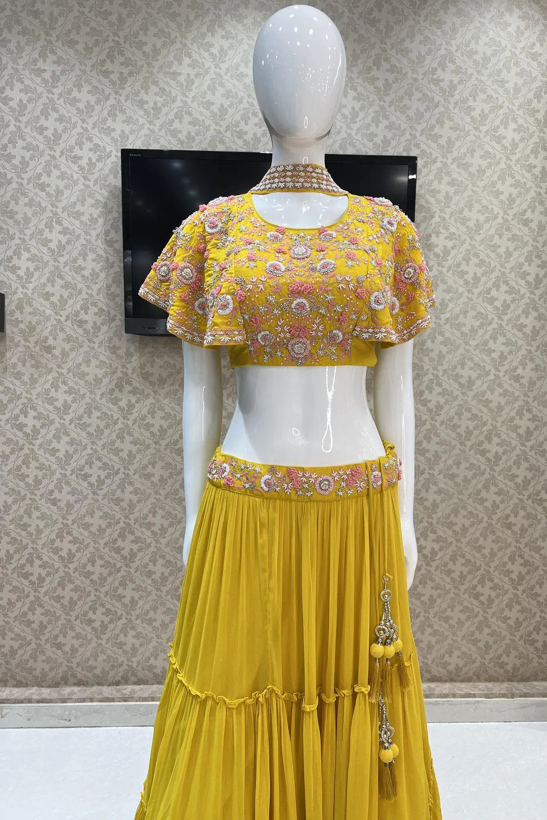 Yellow Thread, Pearl and Beads work Poncho Styled Crop Top Lehenga