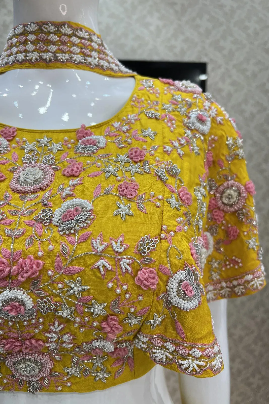 Yellow Thread, Pearl and Beads work Poncho Styled Crop Top Lehenga