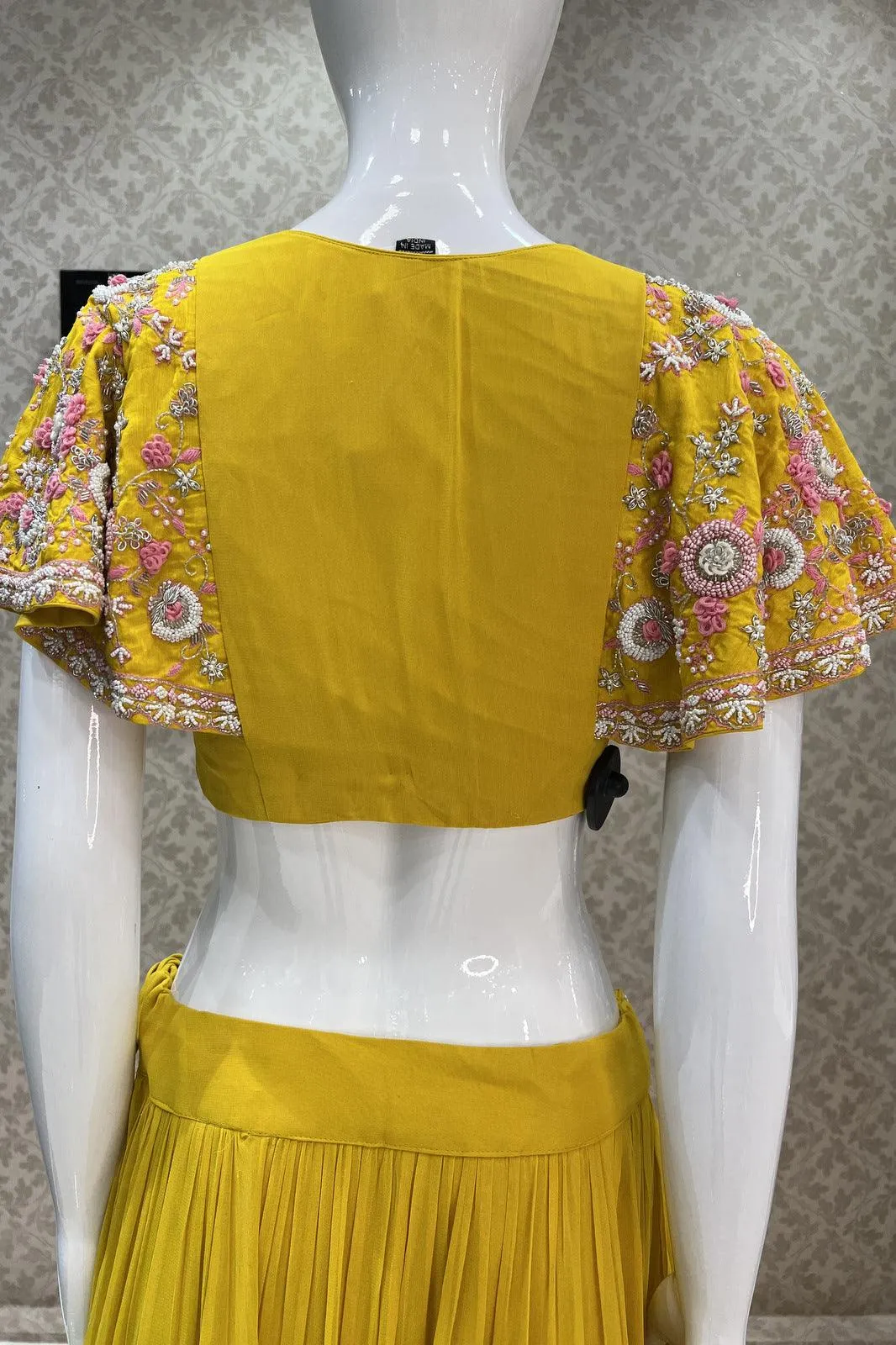 Yellow Thread, Pearl and Beads work Poncho Styled Crop Top Lehenga