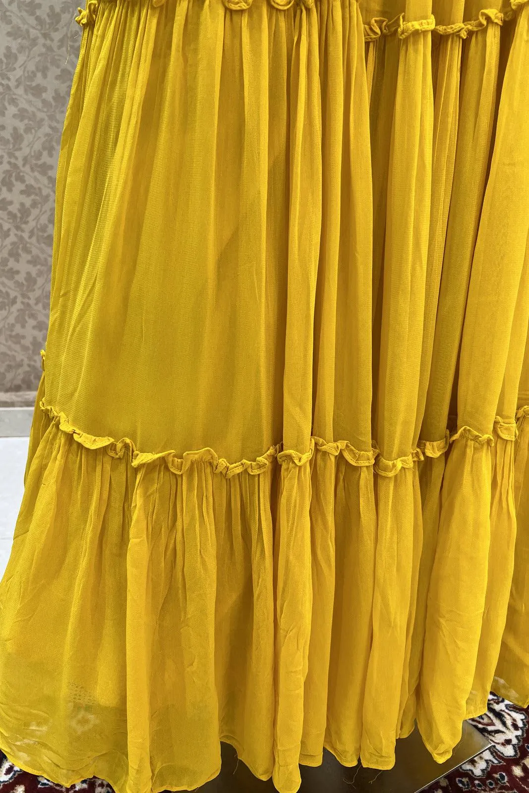 Yellow Thread, Pearl and Beads work Poncho Styled Crop Top Lehenga