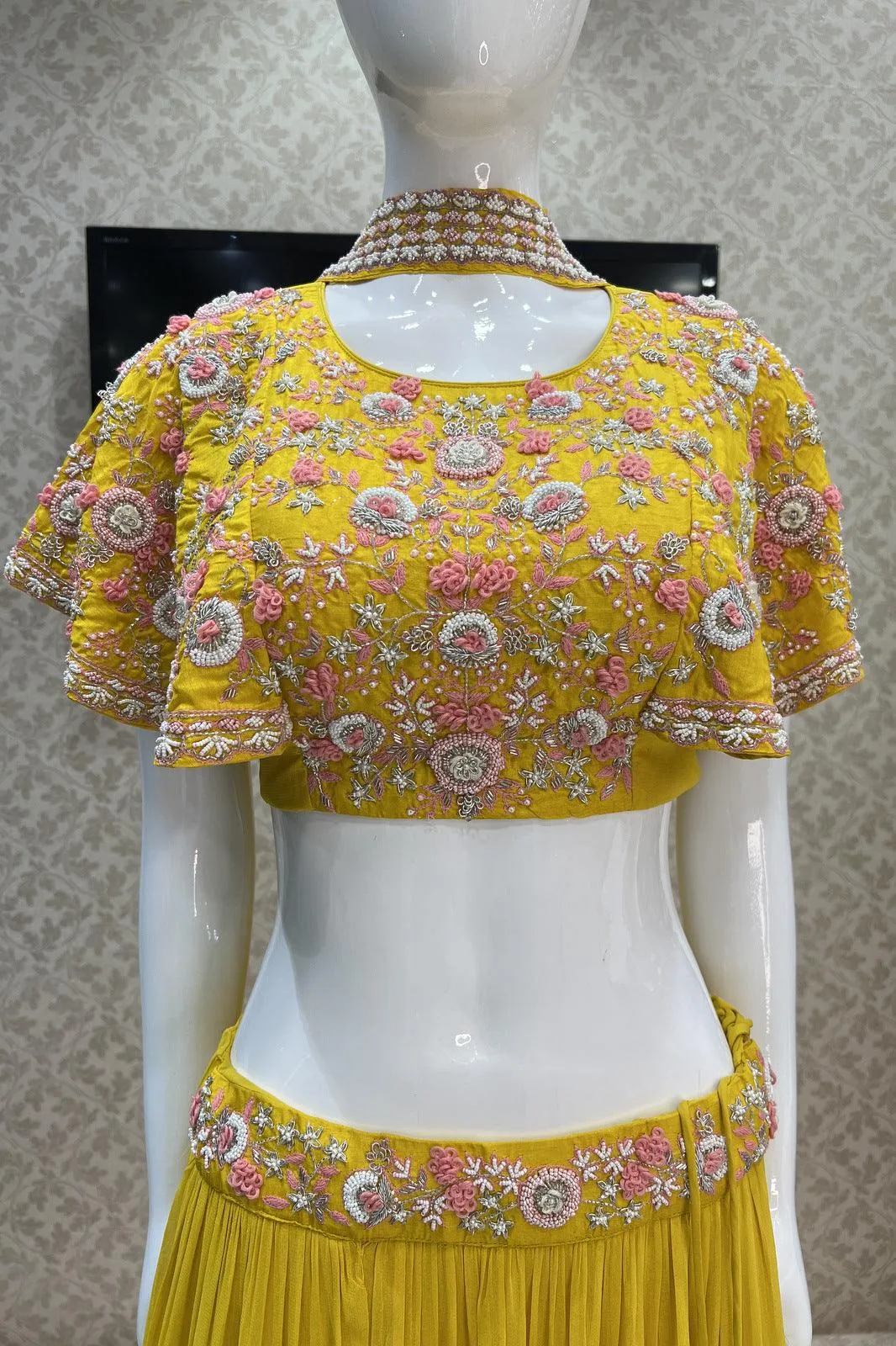 Yellow Thread, Pearl and Beads work Poncho Styled Crop Top Lehenga
