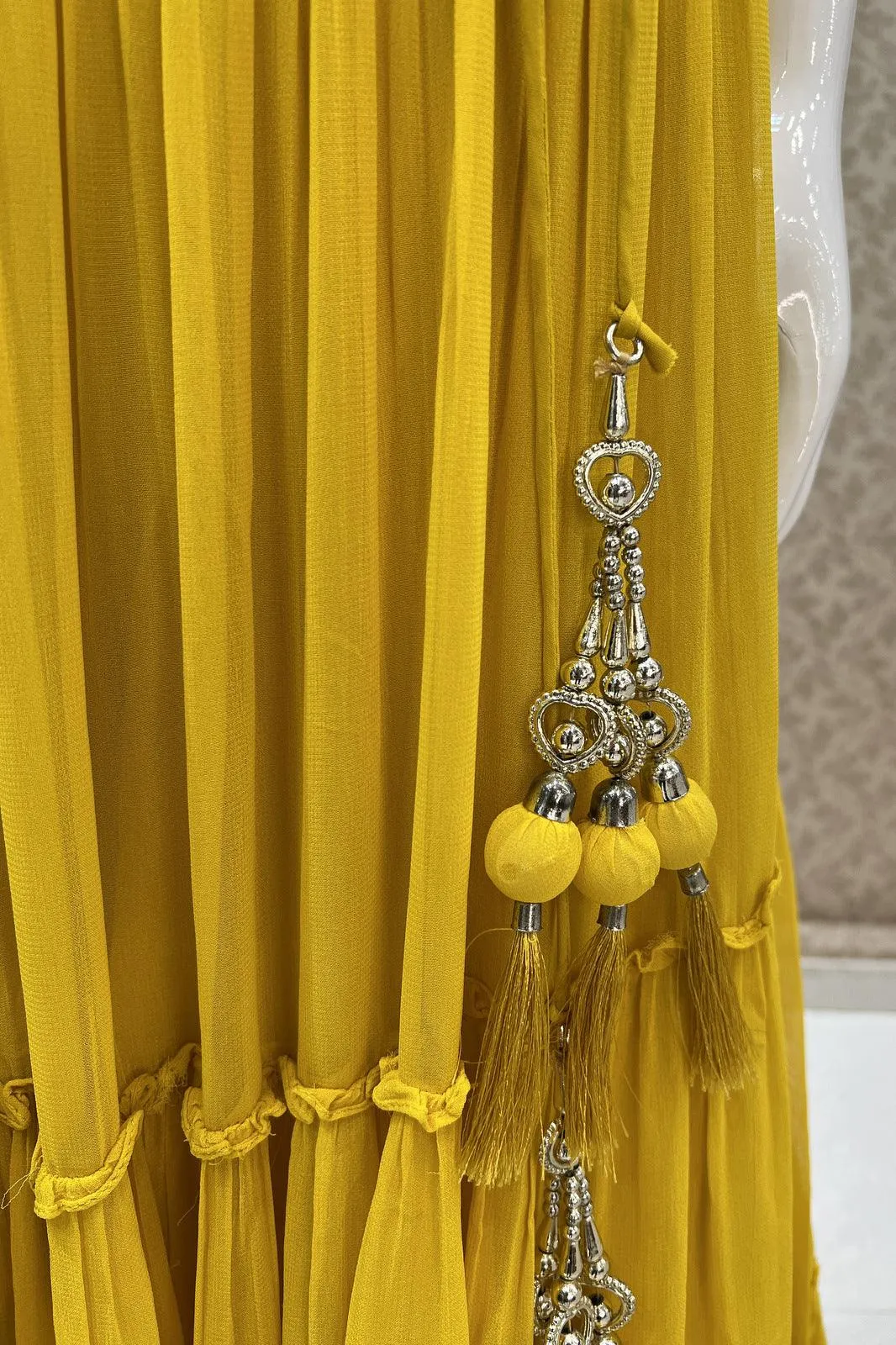 Yellow Thread, Pearl and Beads work Poncho Styled Crop Top Lehenga
