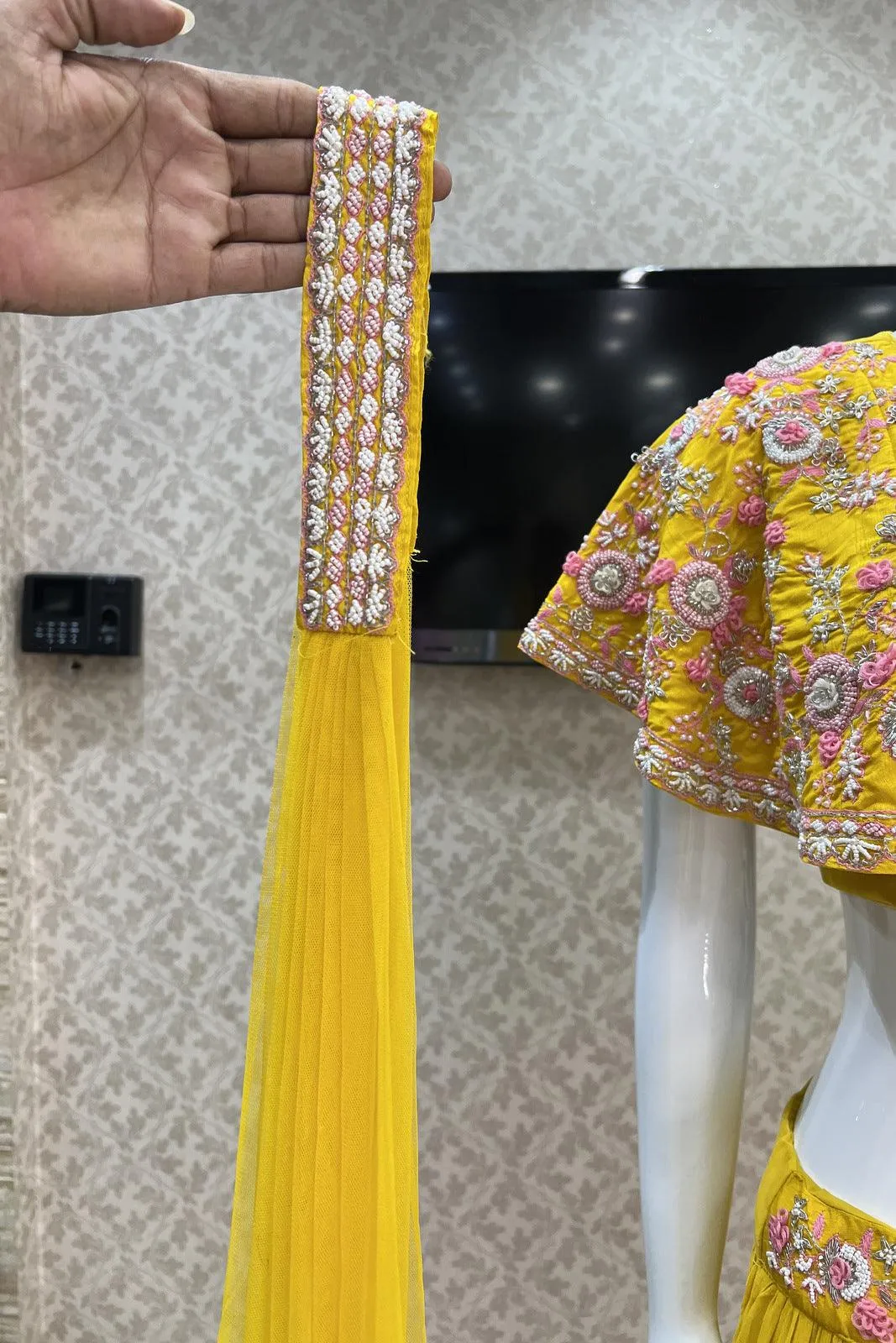 Yellow Thread, Pearl and Beads work Poncho Styled Crop Top Lehenga