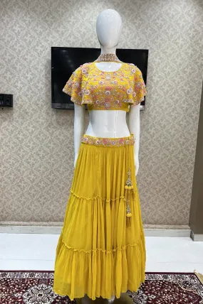 Yellow Thread, Pearl and Beads work Poncho Styled Crop Top Lehenga
